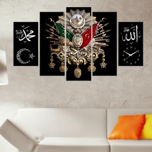 5 Parçalı Saatli Kanvas Tablo - Osmanlı Arması..