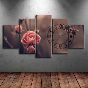 5 Parçalı Saatli Çiçek Tablosu