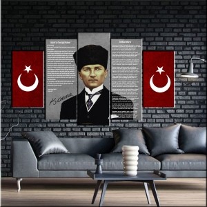 5 Parçalı Kanvas Türk Bayrağı Dekorlu Atatürk Ta..