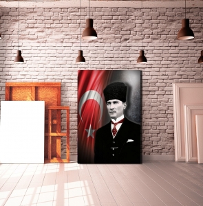 Kalpaklı Türk Bayraklı Atatürk Tablosu-Dekoratif..