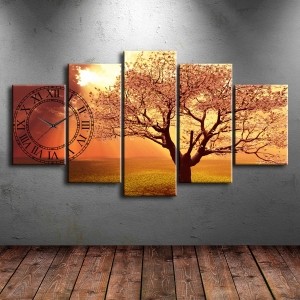 5 Parçalı Saatli Manzara Tablosu