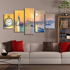5 Parçalı Saatli Kız Kulesi Tablosu