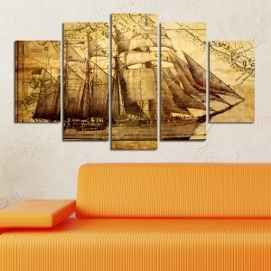 5 Parçalı Kanvas Tablo - Deniz Haritası, Gemi