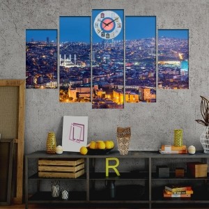 5 Parçalı Saatli İstanbul Manzaralı Kanvas Tablo..