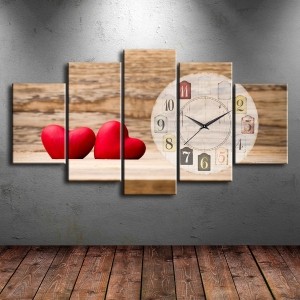 5 Parçalı Saatli Romantik Aşk Tablosu