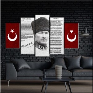 5 Parçalı Kanvas Türk Bayrağı Dekorlu Atatürk Ta..